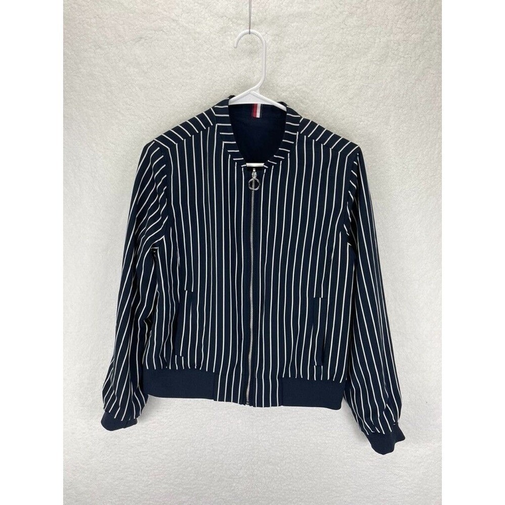 Tommy Hilfiger Reversible Bomber Jacket Women's M Navy White Stripe Full Zip - Picture 2 of 11